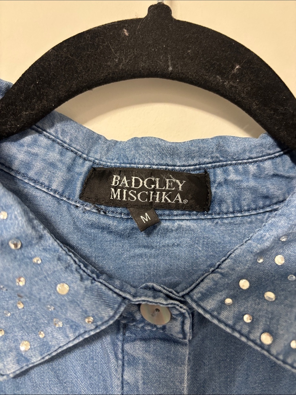 Badgley Mischka Light Blue Chambray Shirt with Crystal Studs - Picture 4 of 8